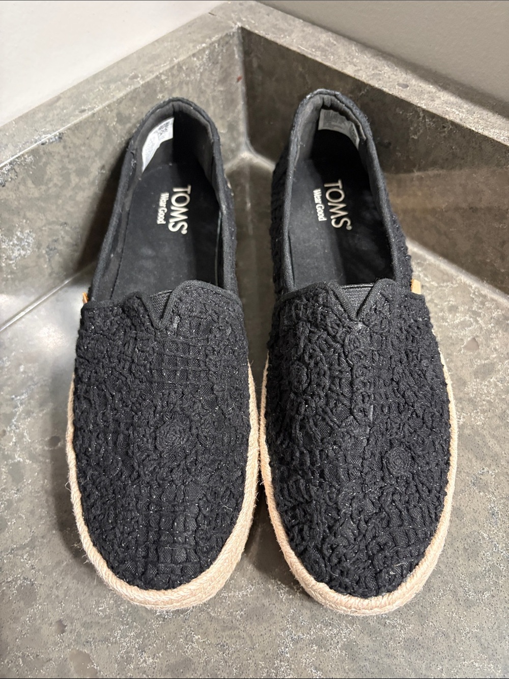Toms Black Crochet Slip-On Espadrilles with Jute Trim
